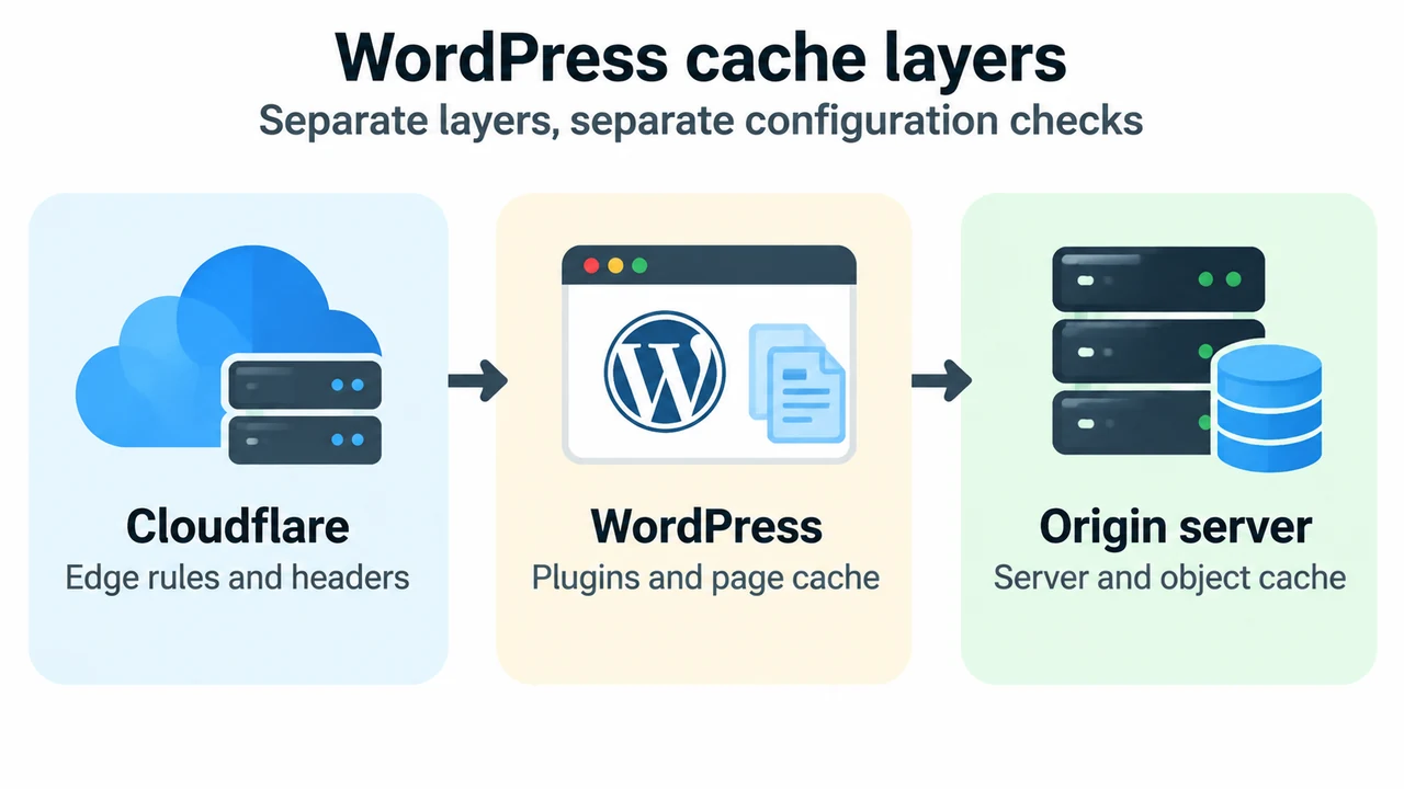 Comparison of Cloudflare edge, WordPress, and server caching as separate layers requiring separate checks.