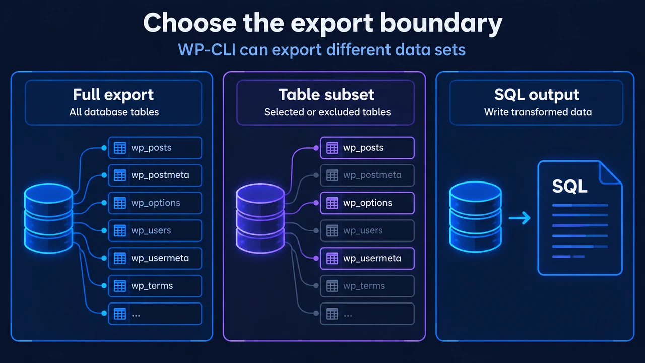 Comparison of complete, selected-table, and transformed SQL database exports in WP-CLI